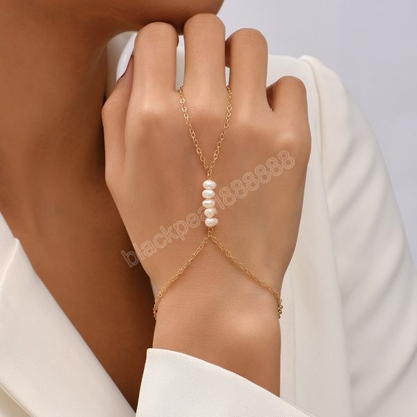 

boho gold hand chain jewelry pearl link chain connected finger ring bracelets for women charm friendship couple gift, Silver