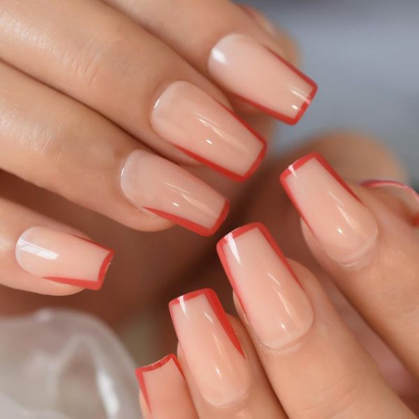 

false nails nude square natural fake medium full cover french nail art tips red shiny accessories, Red;gold