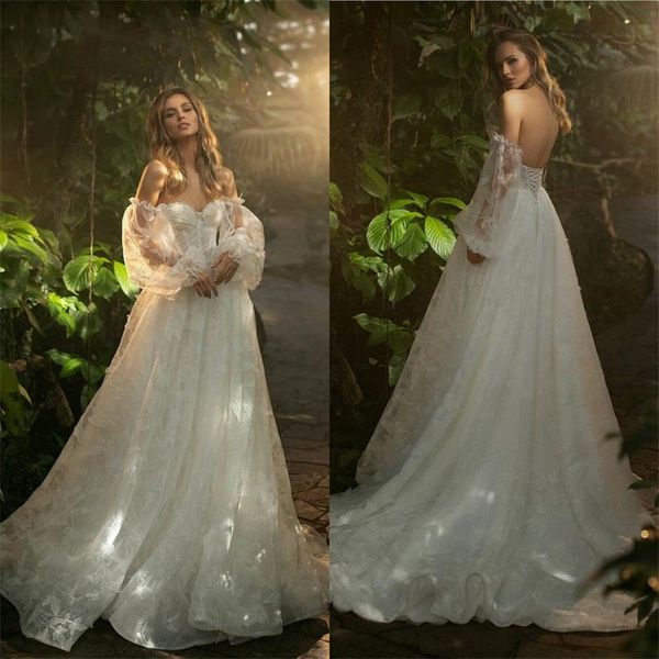 

boho a line wedding dresses sweetheart long sleeves backless 3d- floral appliqued lace sequins bridal dress sweep train bridal gown, White