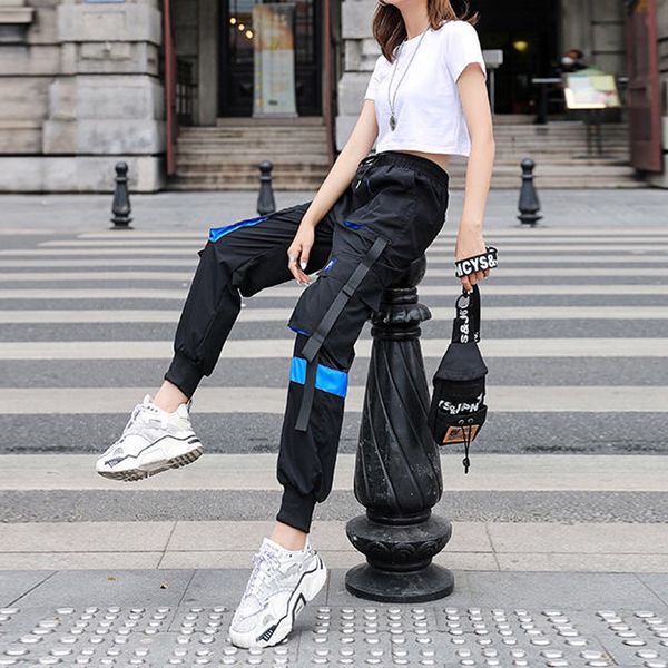 

big pockets harajuku cargo pants women black plus size high waist casual trousers baggy sweatpants women sport korean pants, Black;white