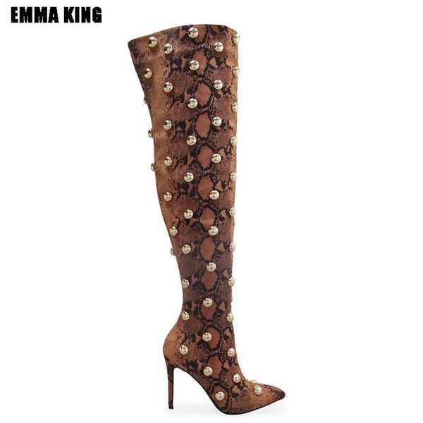 

boots women over the knee thin high heel snakeskin catwalk fashion bead decor shoes lady winter long 2021, Black