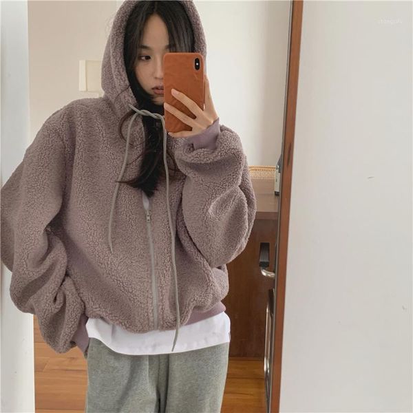 

alien kitty casual feminine women hooded jacket outerwear loose lambswool 2021 new elegant street solid autumn warm coat jackets1, Black;brown