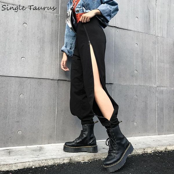 

hip hop black streetwear pants women side fake zippers dance sweatpants loose bifurcation causal joggers women clothes 20201, Black;white
