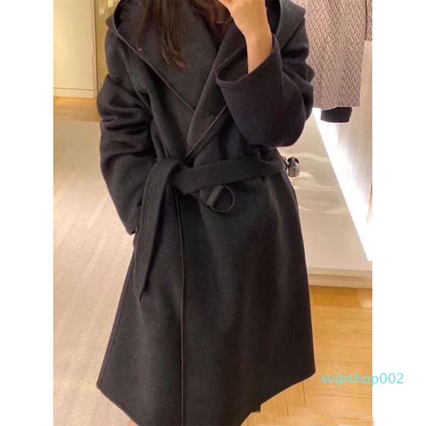 

high end women girls hooded wrap coat with belt long sleeve coat jackets outerwear ponchos cape coats temperament cloak shawl coat g2lg, Black