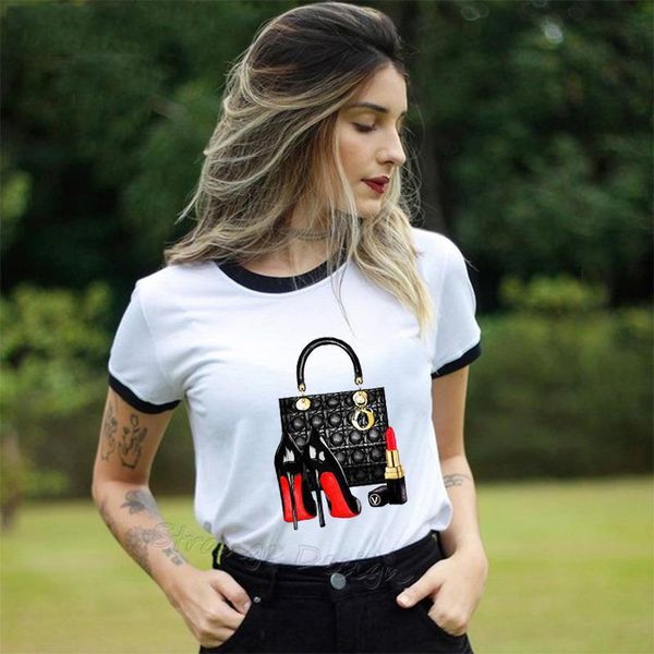 

2019high heels lipstick bag vogue t shirt women simple elegant summer print tshirt hipster streetwear female t-shirt top, White