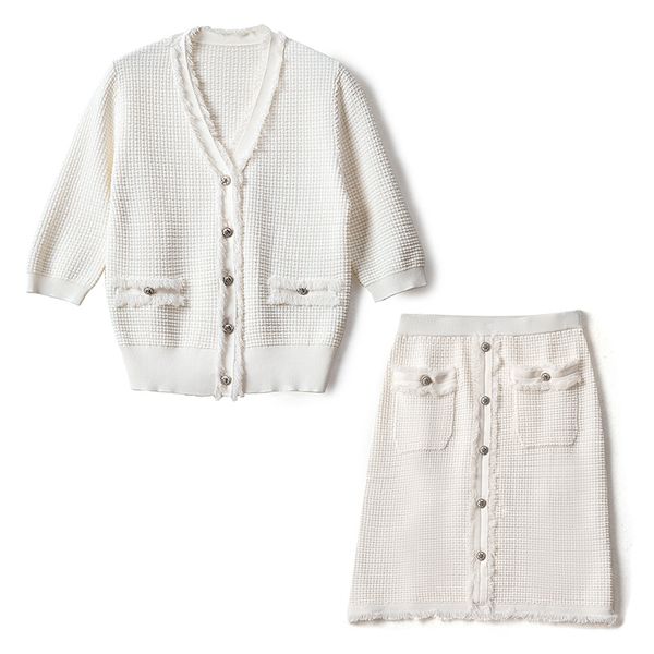 

knitted tassels cardigan skirt set women set v-neck knit + single-breasted skirt suits elegant fashion women knitted outfits 201130, White