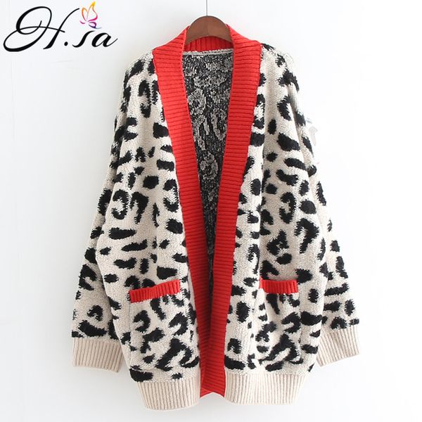 

h.sa women fashion long sweater and cardigans open stitch leopard casual cardigans red and yellow oversized knit jacket out coat c1120, White;black