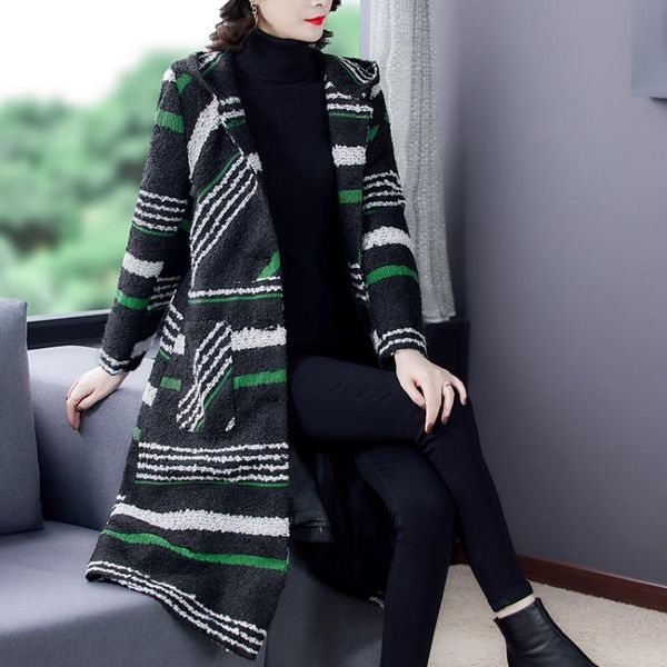 

women's wool & blends winter 2021 large hooded plaid long woolen overcoat over the knee thickened cashmere coat, Black