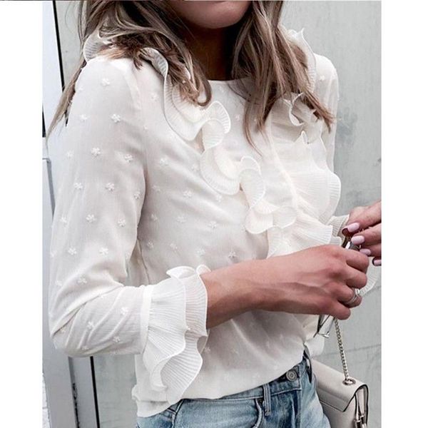 

women blouse shirt long sleeve shirt ruffle casual loose lady blouse polka dot print blouses womens blouses, White