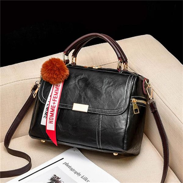 

hh new women messenger bag quality pu leather crossbody bag with hairball decoration female shoulder bag girls handbag purses 36529