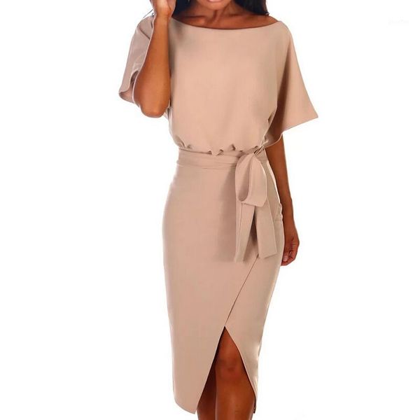 

summer sundress women bandage sash split midi dress short sleeved o neck casual ladies dresses vestidos de festa1, Black;gray