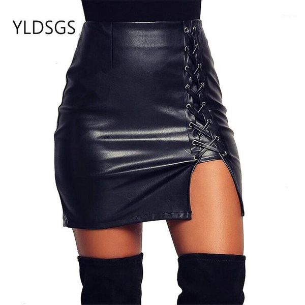 

2020 fashion half-length skirt strappy hem split pu leather skirt bag hip half-length nightclub party wear1, Black