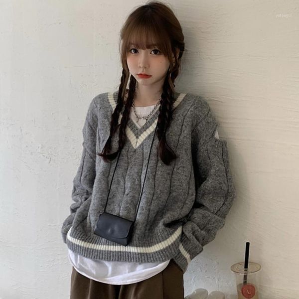 

new sweater for women all match v- neck pullover 2020 autum winter female outwear cute knit stripe fashion casual loose1, White;black