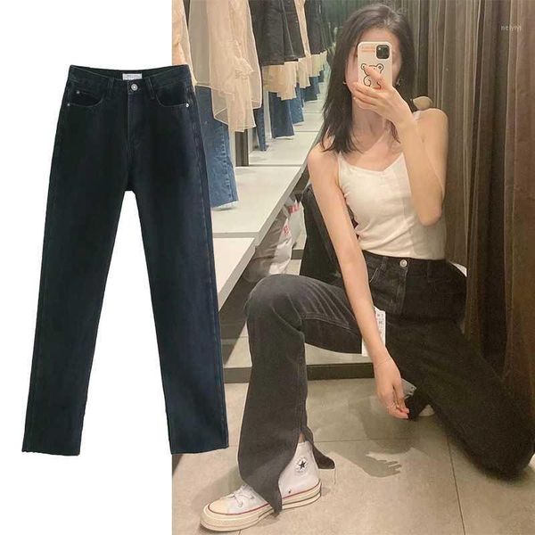 

women's jeans 2021 england style high street washed woman waist forking flare for women boyfriend women1, Blue