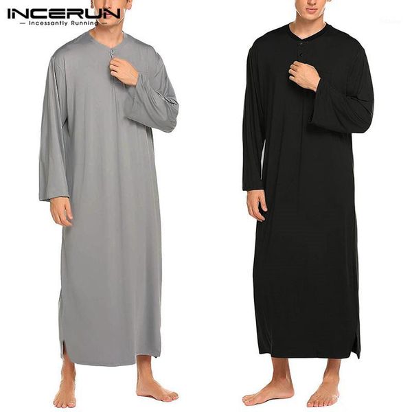 

incerun men robes solid color pajamas long sleeve casual homewear o neck button comfortable nightgown bathrobes men kaftan s-3xl1, Black;brown