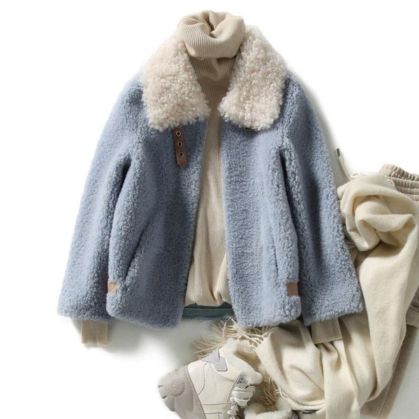 

winter women lambswool warm coats slim wool coat light blue turn-down collar real fur overcoats short fashion female jackets, Black