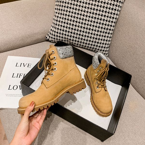 

new bling rhinestone yellow short woman boots genuine leather round toe lace-up height increasing boots for autumn winter, Black