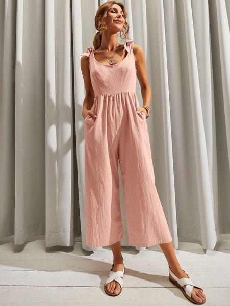 

luukse knot shoulder slant pocket jumpsuit w9a1#, White