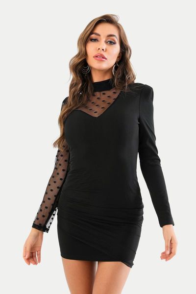 

black long sleeves o neck mesh with dots buttock rayon bandage designer fashion evening club party dress, Black;gray