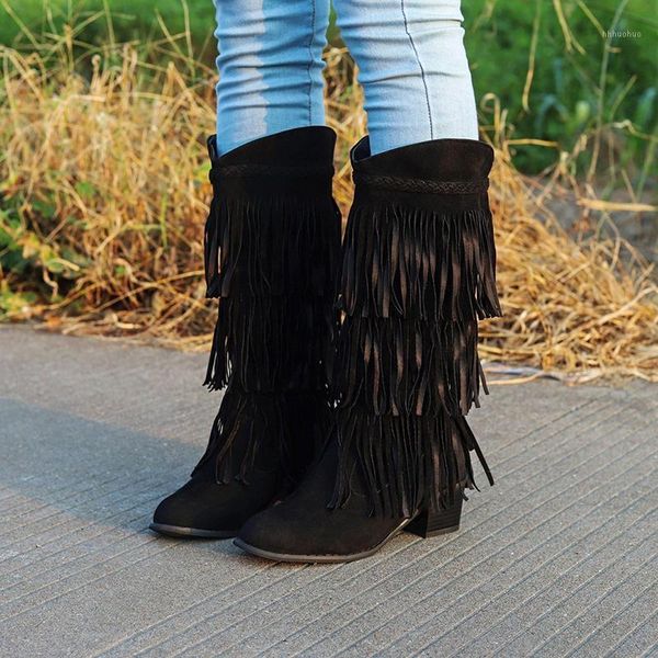 

boots fringed knee high casual fashion ethnic style flocked leather ladies heels long boots1, Black