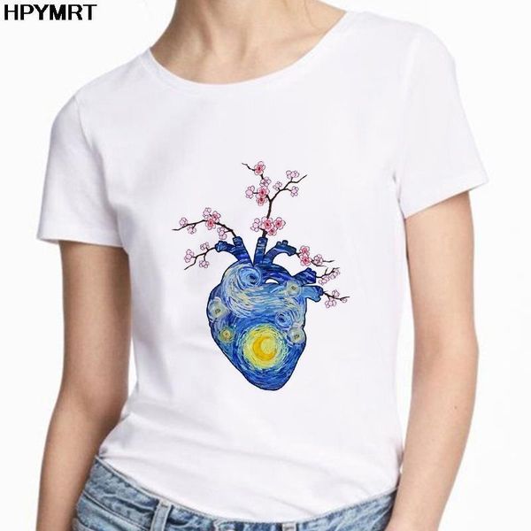 

women's t-shirt oil painting heart print tshirt harajuku flower o-neck summer t shirt female casual clothing short sleeves, White
