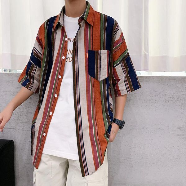 

fashion striped men shirt lapel neck button streetwear casual brand shirts men hip-hop short sleeve camisa 2020 5xl, White;black