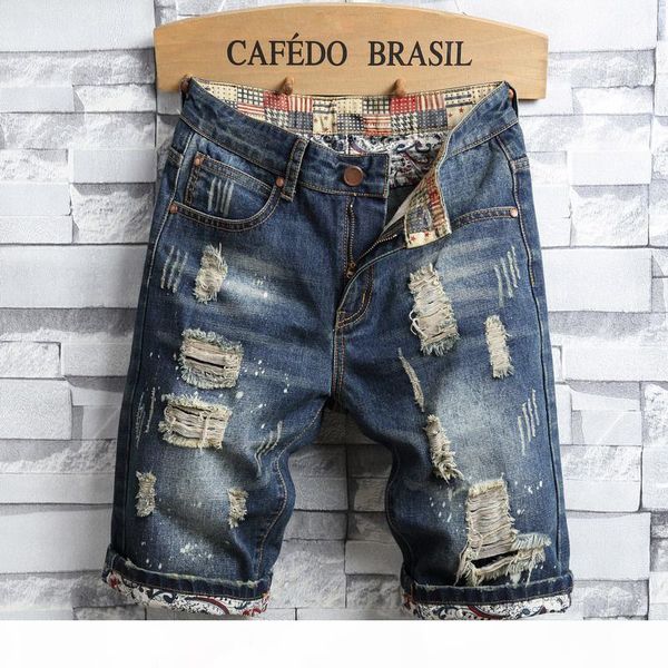 

summer mens jeans shorts ripped denim shorts mens loose l middle straight biker pants elastic slim beggar paragraph or71a, Blue