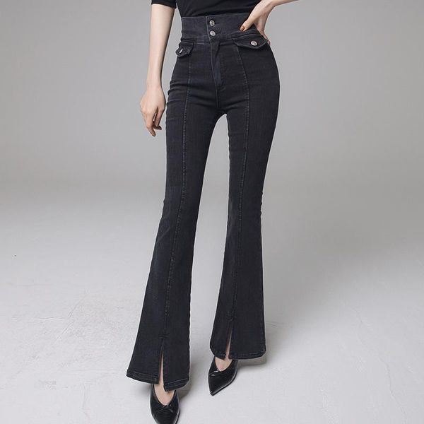 

the new han edition cultivate one's morality show thin elastic panty temperament of tall waist fashion open fork bootleg jeans, Blue