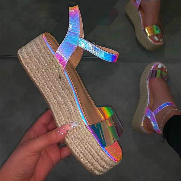 

women summer bling wedge sandals platform ladies shoes woman fashion straw buckle open toe casual female footwear sandal y200702, Black