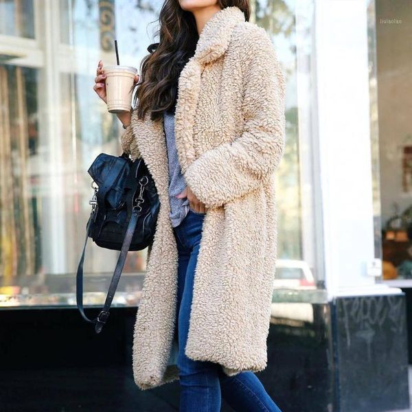 

goocheer womens winter warm coats outwear teddy bear pocket fluffy coat fleece fur jackets long sleeve lapel wool cashmere coat1, Black