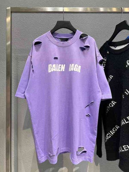 

fashion couples summer t shirt balencaigas home b high version correct printing paris art hole short sleeve purple, White;black