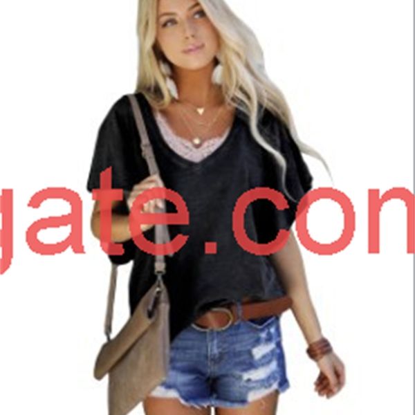 

new summer 2020 women's solid v-neck short sleeve t-shirt, Black;brown