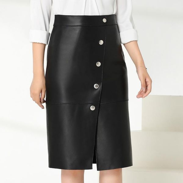 

skirts midi pencil skirt women 2021 autumn winter fashion high waist office lady bodycon genuine leather womens ml20045, Black