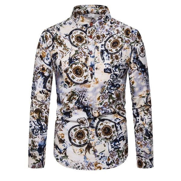 

fashion spring осень повседневная мужская рубашка slim fit цветочная печатание белье рубашка футболки с длинными рукавами мужской цветочная, White;black