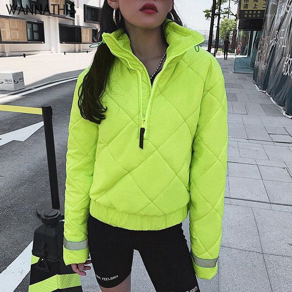 

wannathis neon green coat long sleeve pullovers parker autumn winter women warm zipper neck drawstring patchwork casual outfits1, Black;white