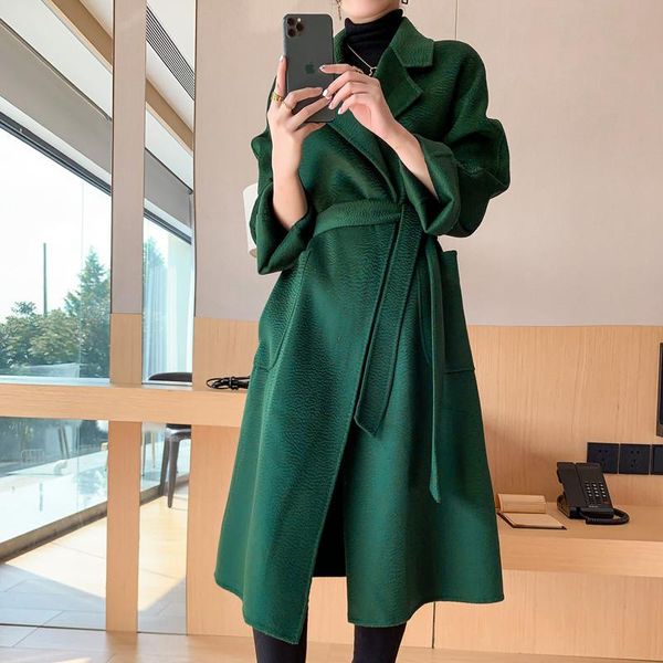 

women's wool & blends 2021 winter mid long slim pure coat, Black