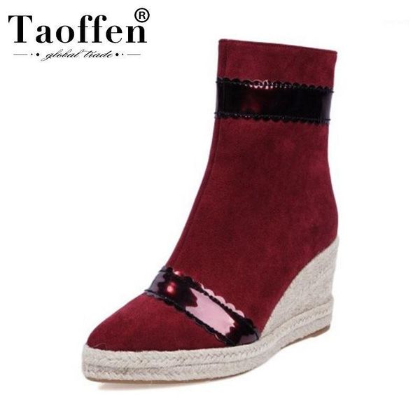 

taoffen ladies plus size 32-44 wedges ankle boots zipper winter keep warm platform short boots office work shoes woman1, Black