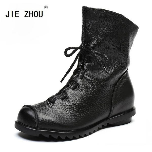 

boots vintage style genuine leather women flat booties soft cowhide front zip ankle women's shoes large size 35-42, Black