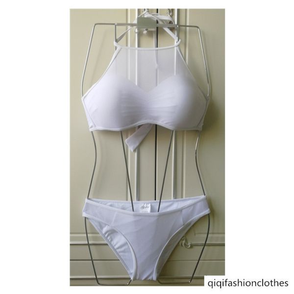 

outer single nylon mesh open back lace adjustable pure white triangle bikini swimsuit for women, White;black