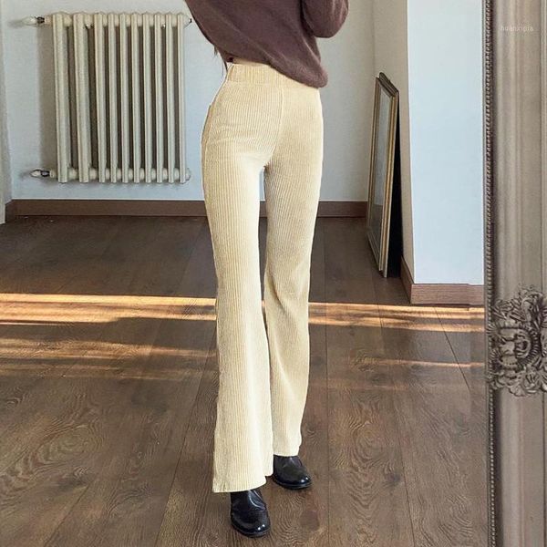 

spring flare trousers ladies high-waist corduroy pants slim-fit flared casual pants straight and mopping solid color trousers1, Black;white
