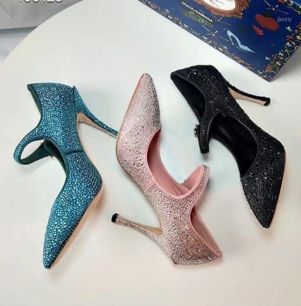 

fashion woman rhinestones pointed toe high heel dress shoes blue pink black color1