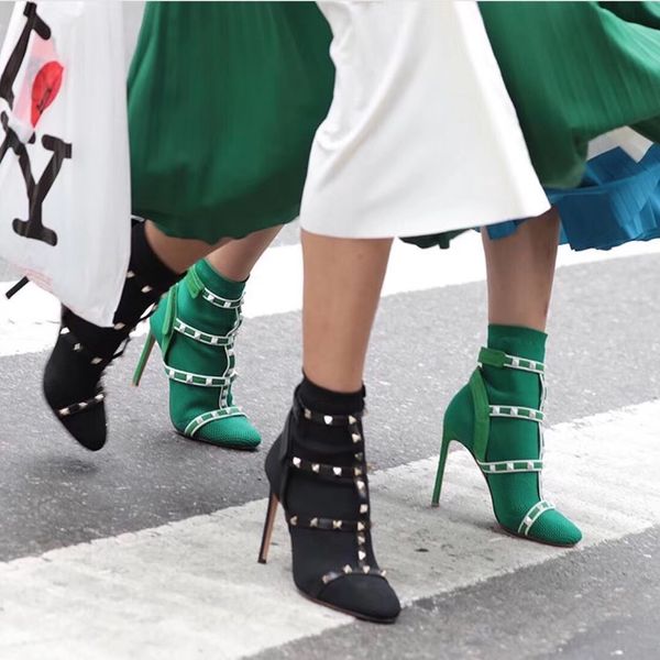 

2021fashion studs sock boots ladies work ankle boots with leather straps 105mm high heel shoes christmas gifts, Black