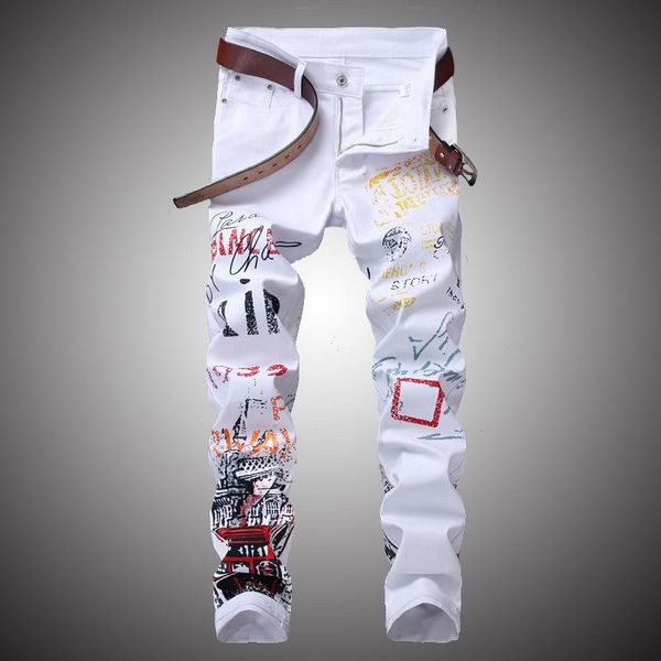 

hip hop printing white denim pant men slim fit jeans pant mens casual printed trousers jean joggers for male streetwear wy230, Blue