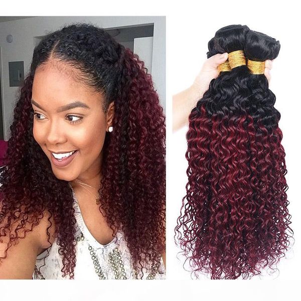 

kinky curly human hair bundles ombre 1b 99j hair extension brazilian virgin two tone #1b 99j dark red remy hair weaves 10-26 inch, Black