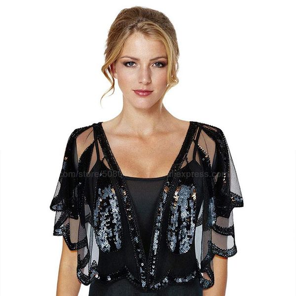 

scarves women's 1920s wedding shawl wraps sequin beaded evening cape bridal bolero flapper cover up, sunscreen capelet gold/black, Blue;gray
