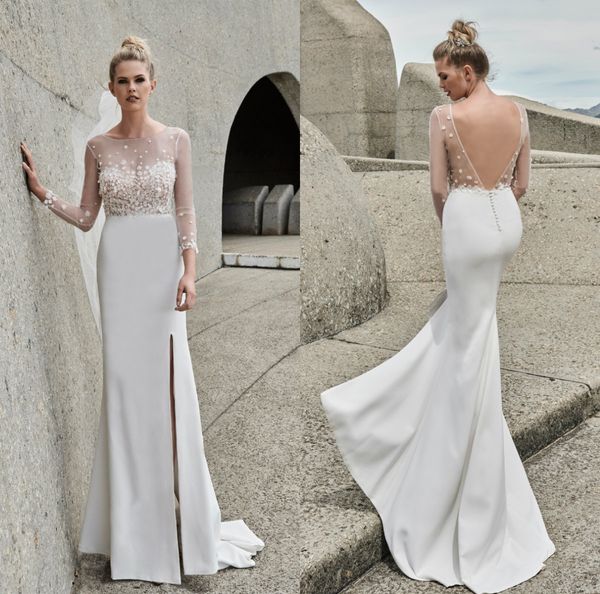 

floral mermaid wedding dresses long sleeves backless side split lace appliqued bridal gowns sweep train custom made robes de mariÃ©e, White