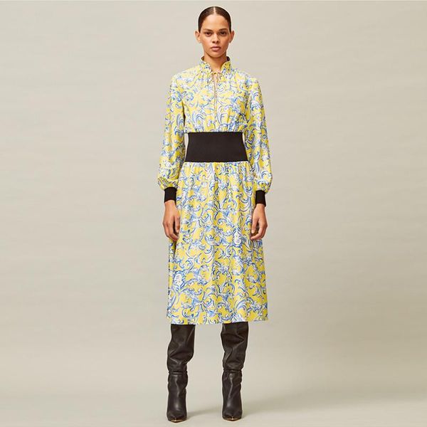 

2021 spring autumn new women's print vintage fashion stitching elegant long sleeve casual holiday midi dress, Black;gray