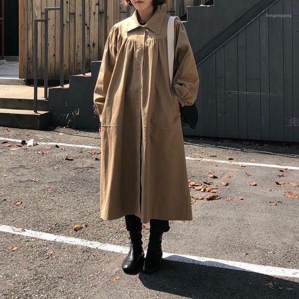 

french -lapel long sleeve pleated dress early autumn korean version of pure color single-row button loose long windbreaker1, Black;gray