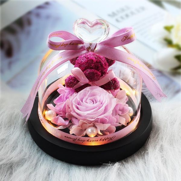 

real flowerteddy bear rose rose in led glass dome forever red for valentine's gifts mother's day1