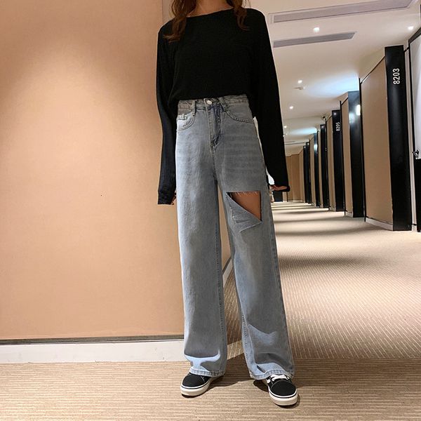 

2021 new ladies with torn broad legs distressed women's jeans length button down pockets high waist thin vertical summer leisure rvc6, Blue